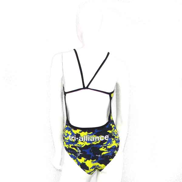 triathlon sports top with camouflage pattern and brand text