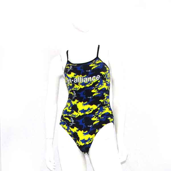 Blue and yellow one-piece swimsuit with 'tri-alliance' text on mannequin
