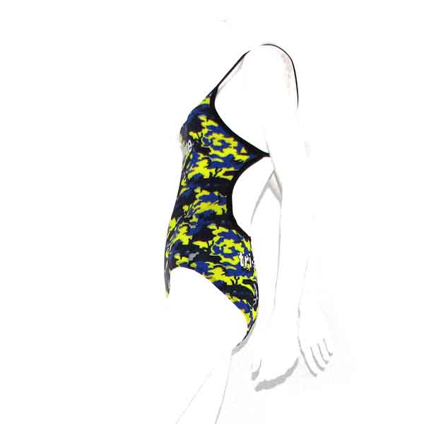 Triathlon swimsuit with blue and yellow camouflage print on mannequin.