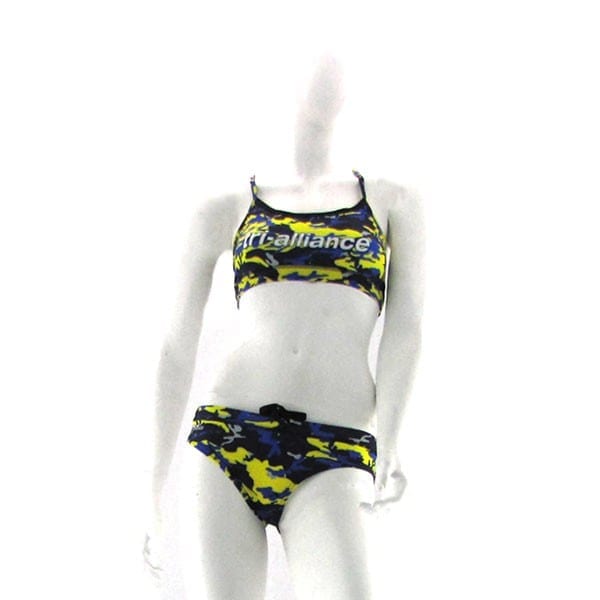 Blue and yellow camouflage triathlon bikini on mannequin