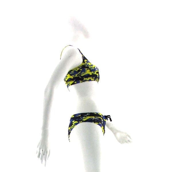 Mannequin wearing yellow and dark blue patterned bikini top and bottom.