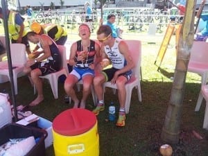 Holly Ranson and Tim Berkel sharing a laugh and coconuts at Recovery Tent