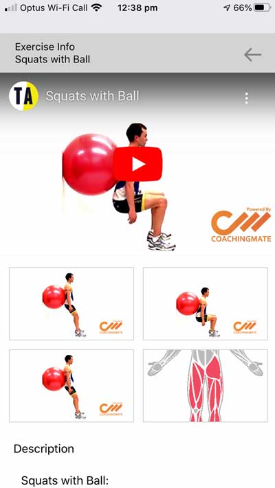 Exercise guide for squats with a red ball showing video play icon, step images, and muscle diagram.