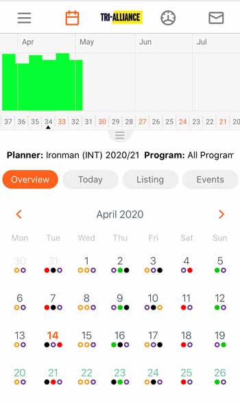 Tri-Alliance calendar app showing Ironman 2020/21 training schedule for April 2020