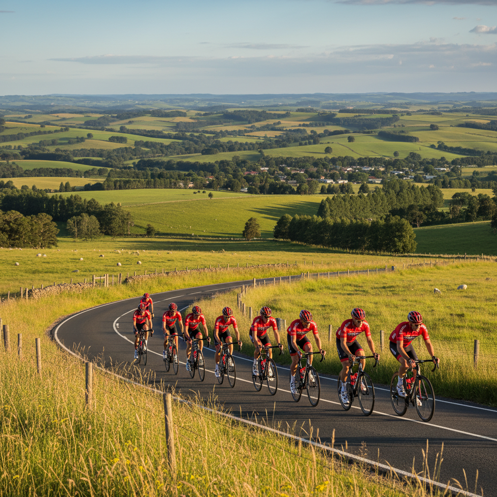 Cyclists in matching red jerseys cycling on a curving road through green rural landscape.