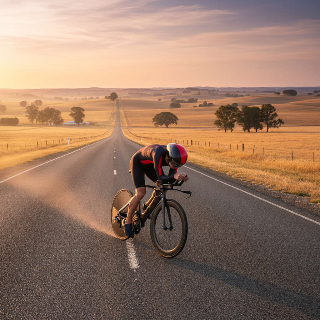 cyclist in black and red suit riding time trial bike on open road at sunrise