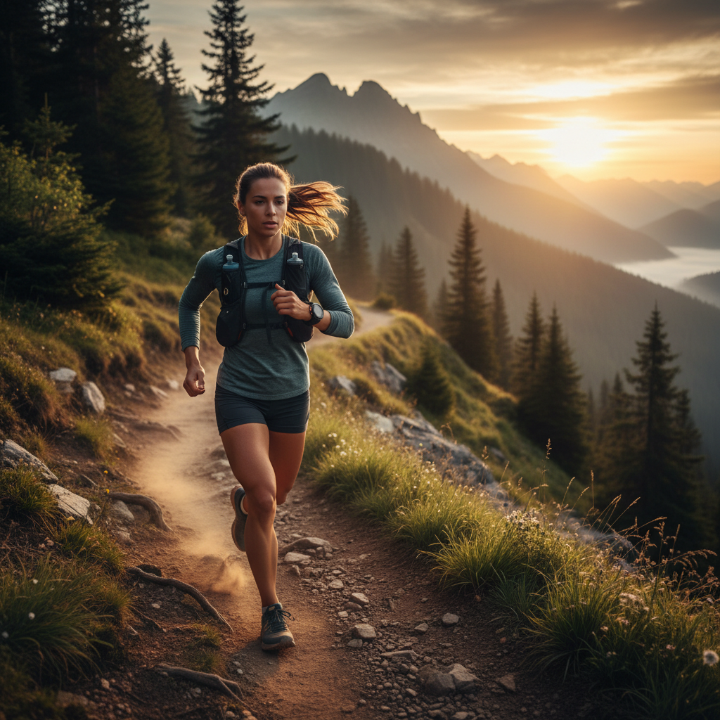 Woman trail running on a mountain trail at sunset.