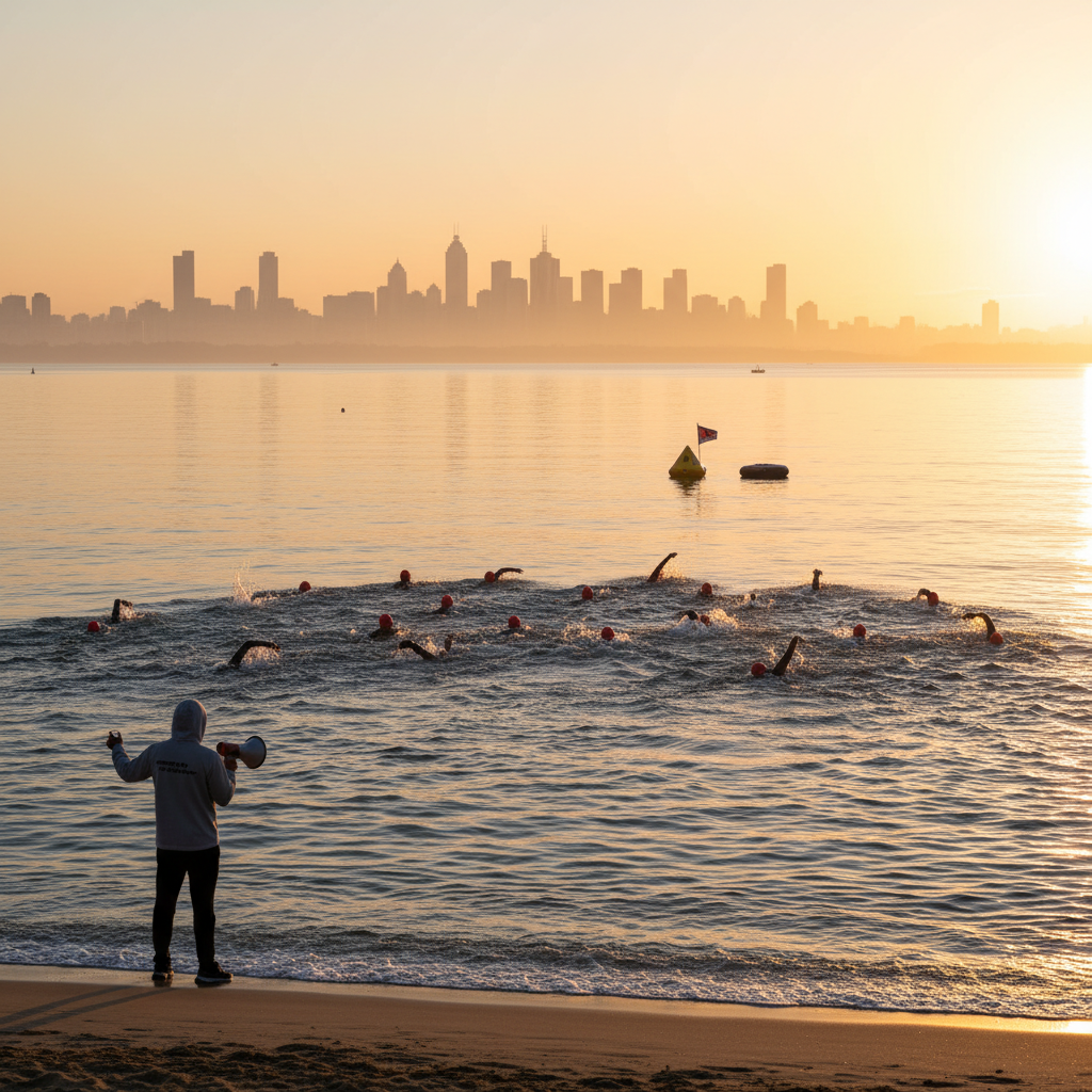 Swimmers in open water during a coastal event with city skyline at sunset, coach with megaphone on shore.