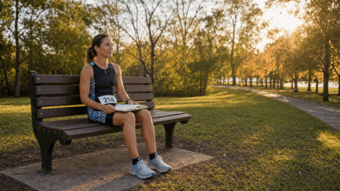 Female triathlete sitting on parkland bench post-race with notebook