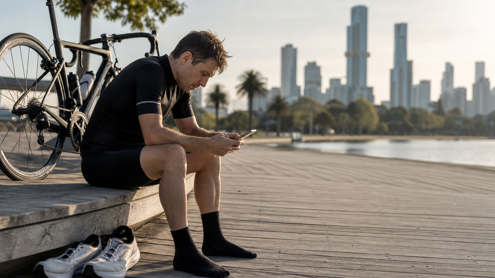 Triathlete reviewing training load beside bike