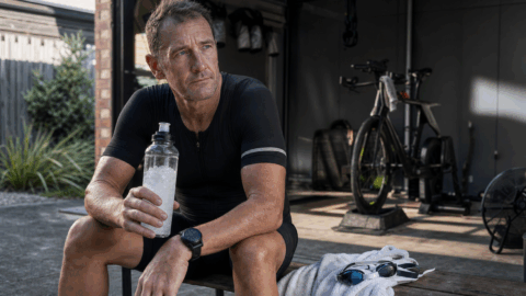 Triathlete holding an icy slush drink beside an indoor bike trainer