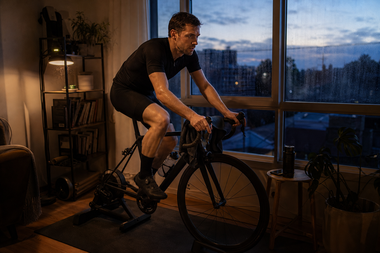 Cyclist training on an indoor trainer on a dark winter morning