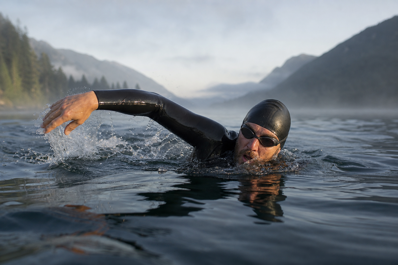 Open-water swimmer mid-stroke in a calm lake at dawn