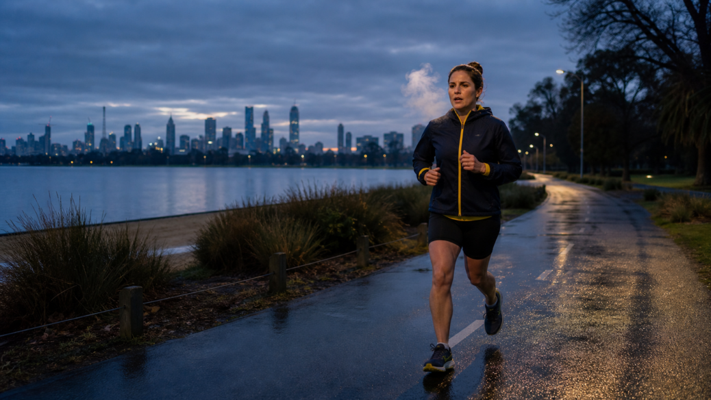 Woman running on a wet path near water with city skyline at dusk.
