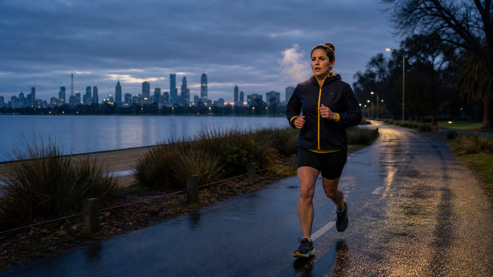 Woman running on a wet path near water with city skyline at dusk.