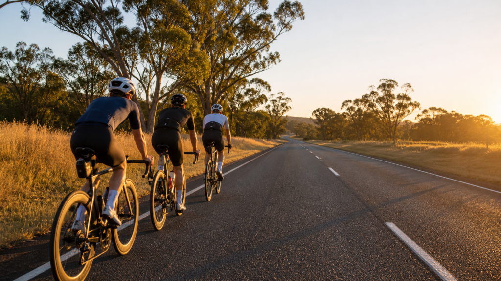 Triathletes riding a steady endurance pace keeping to the left of an Australian country road