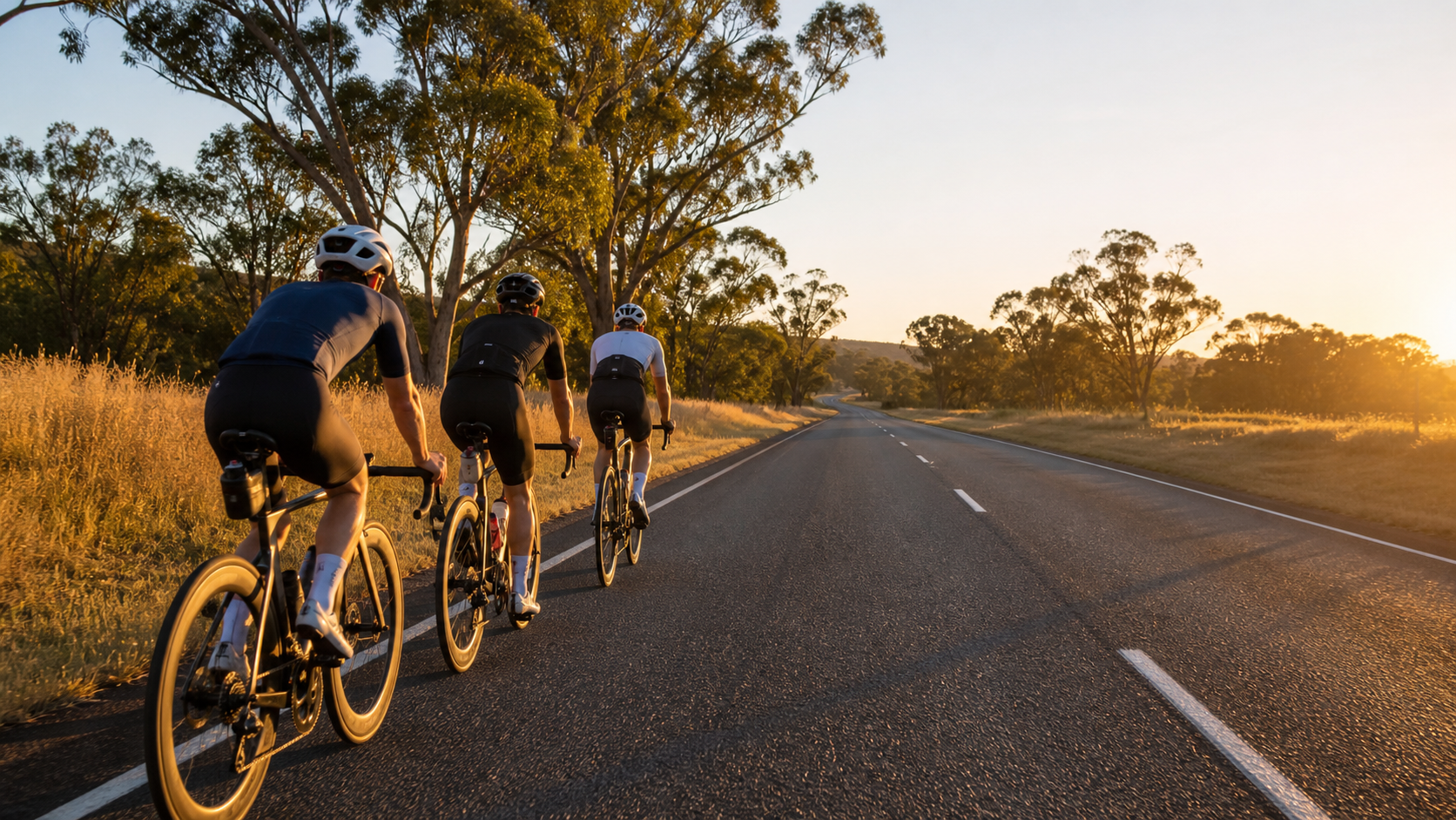 Triathletes riding a steady endurance pace keeping to the left of an Australian country road