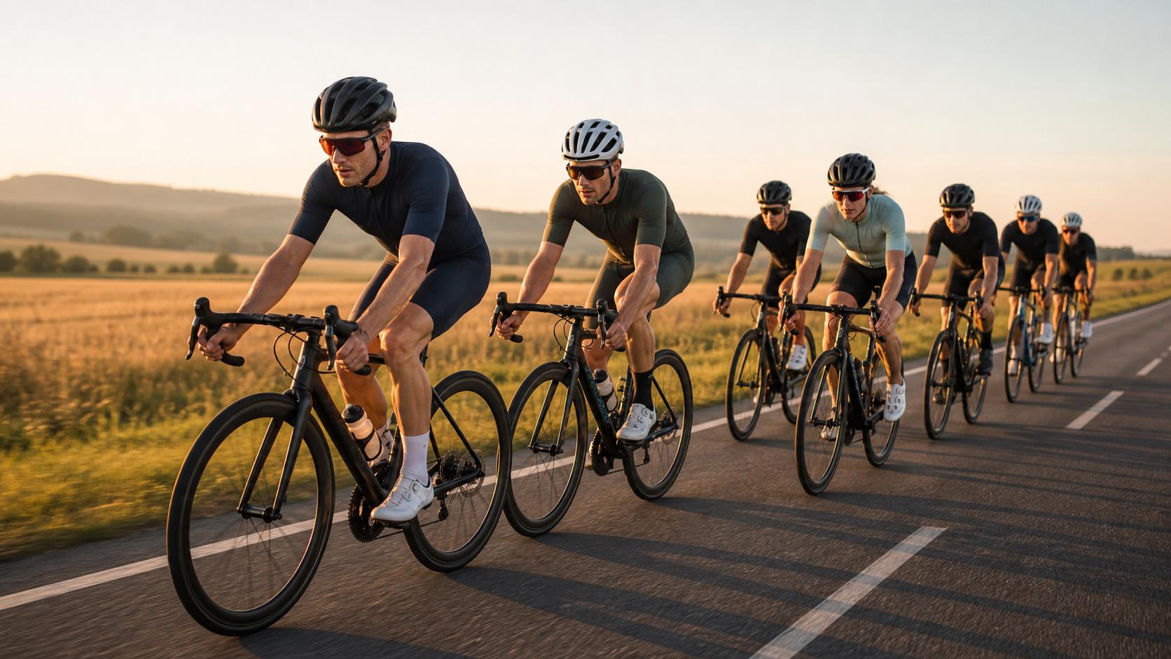 Triathletes riding at a steady endurance pace on an open road