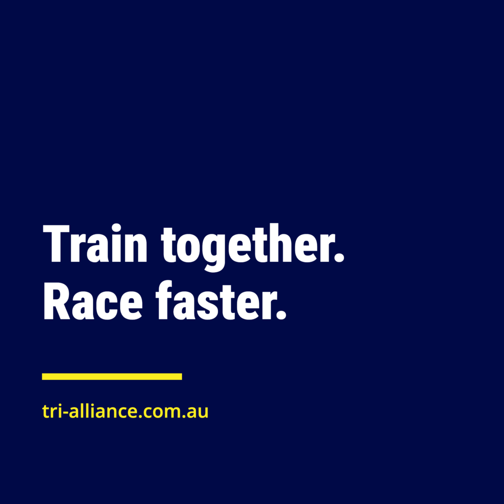Blue background with white and yellow text promoting triathlon training and racing