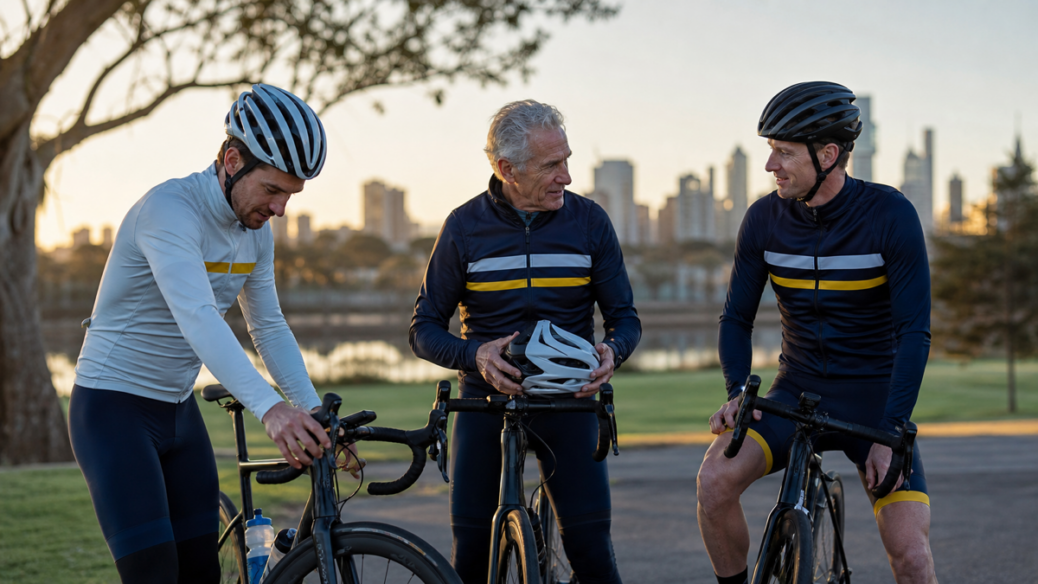 Three triathletes preparing their bikes together before a training ride