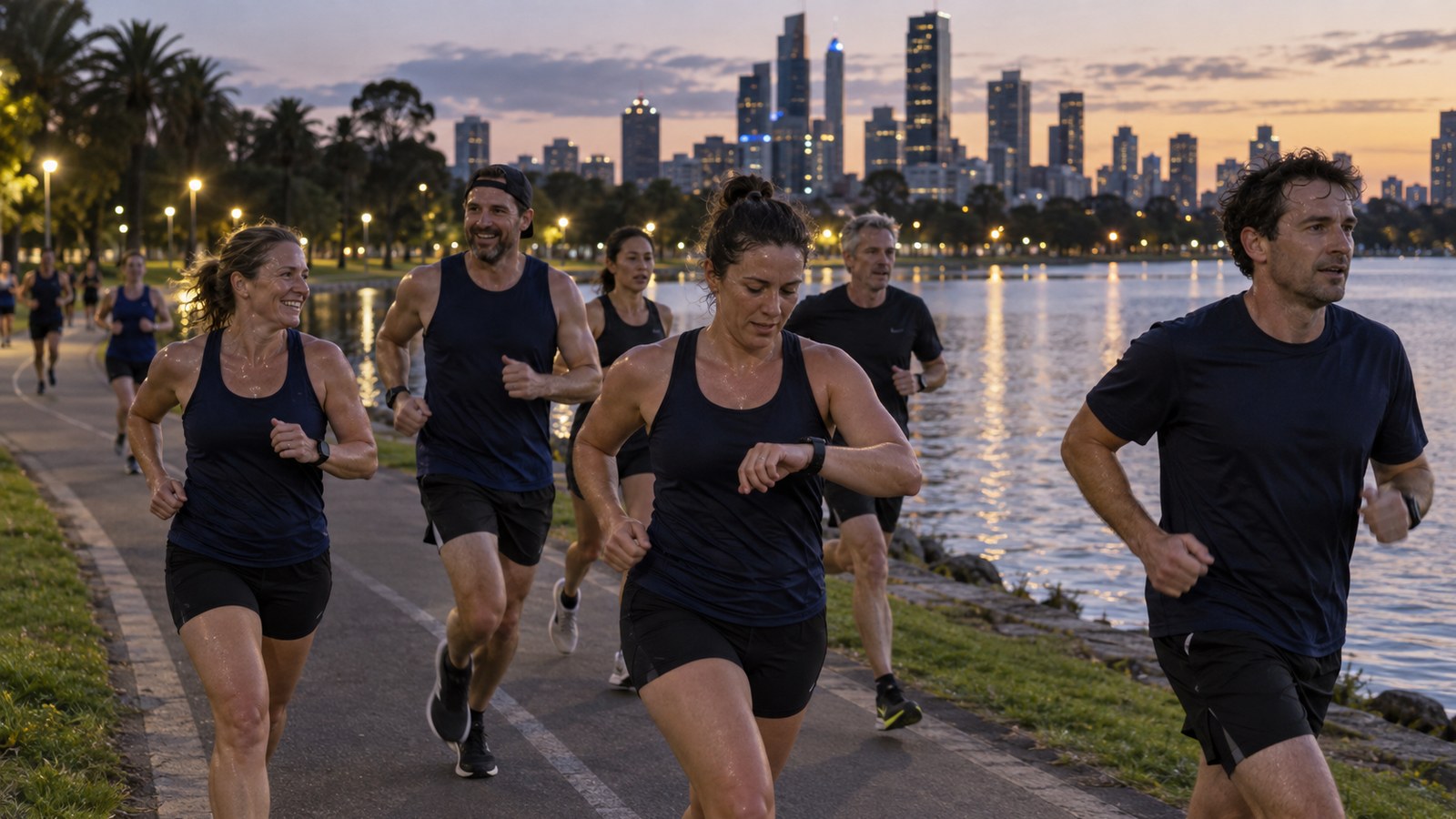 Tri Alliance athletes running a time trial on a flat measured loop with the Melbourne skyline behind them