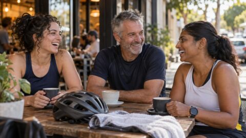 Three triathletes talking and laughing over coffee at a cafe after a morning training session