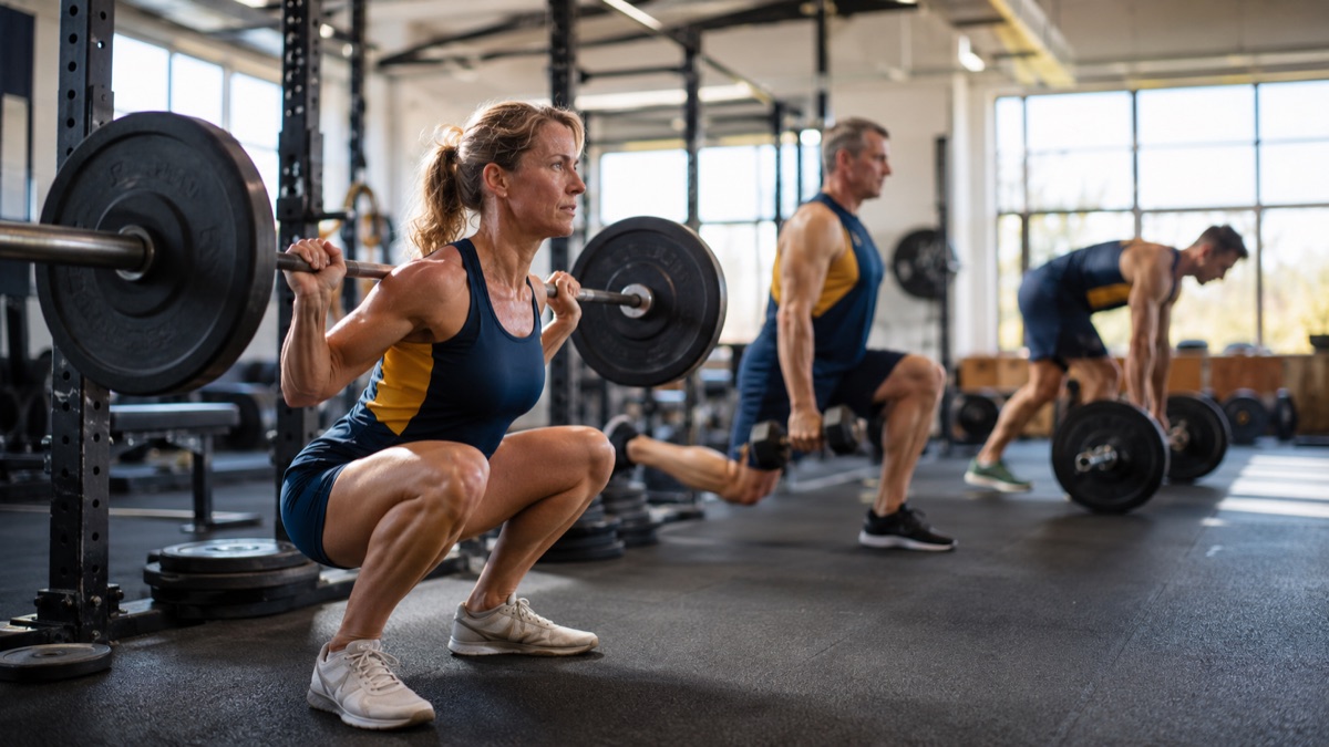 Three triathletes in a gym strength session performing a barbell back squat, Bulgarian split squat and Romanian deadlift