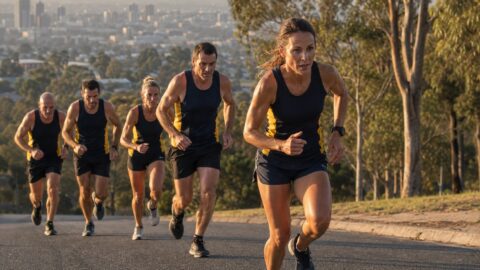 Tri Alliance triathletes running hill repeats up a steep road at sunrise in Melbourne