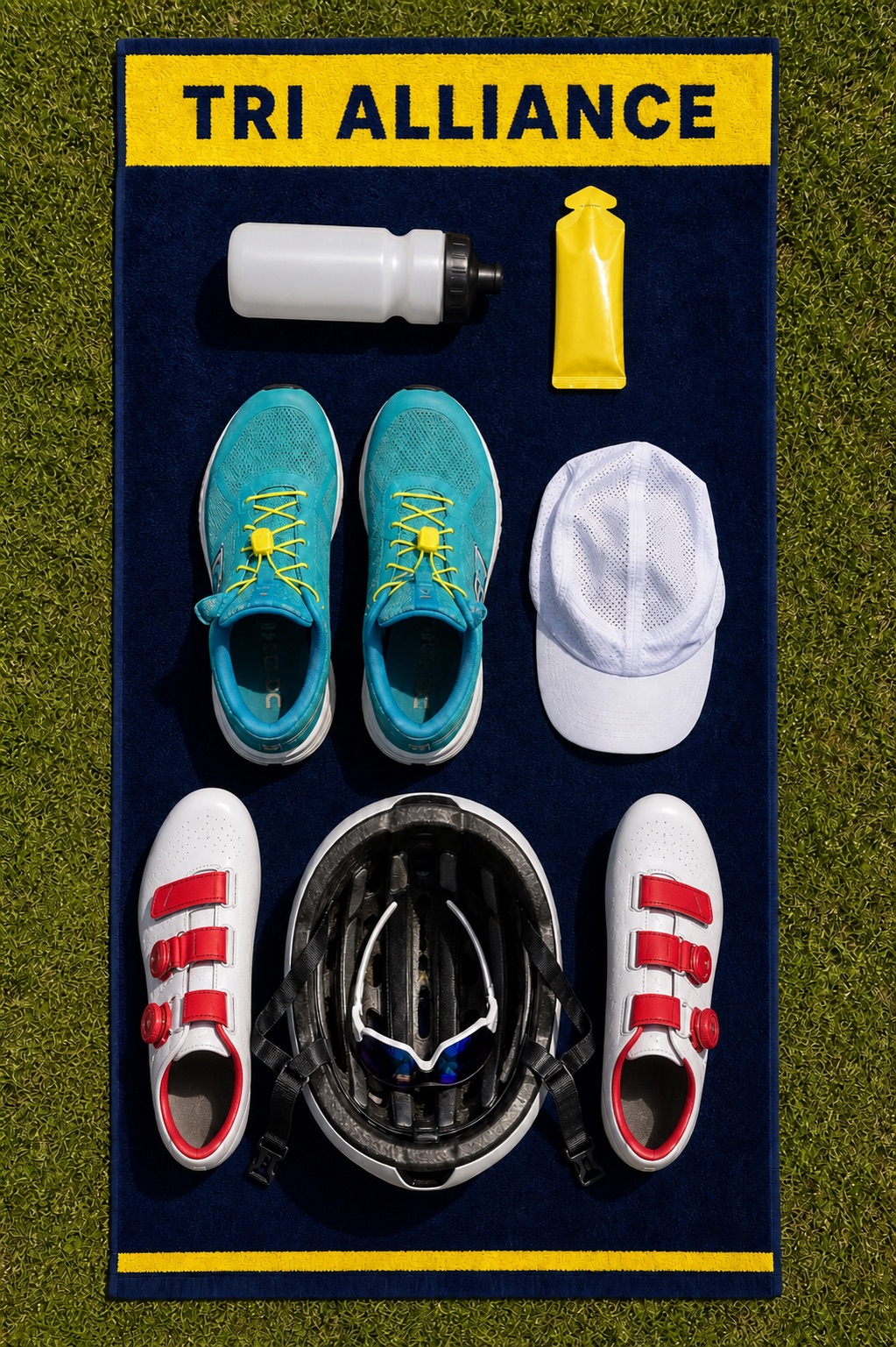 Aerial view of a navy Tri Alliance transition towel on grass: bike helmet upside down with sunglasses inside it and a white bike shoe either side at the front, run shoes and a cap in the middle, bottle and gel at the back, and no bag anywhere