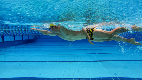 Triathlete practising an efficient freestyle kick in a swimming pool