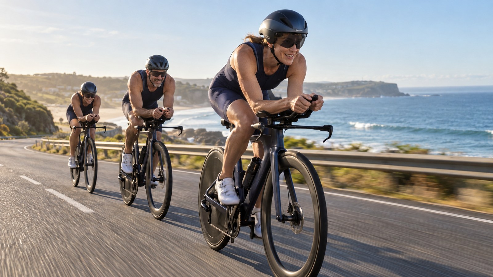 Three Tri Alliance athletes riding time-trial bikes in the aero position on a coastal road