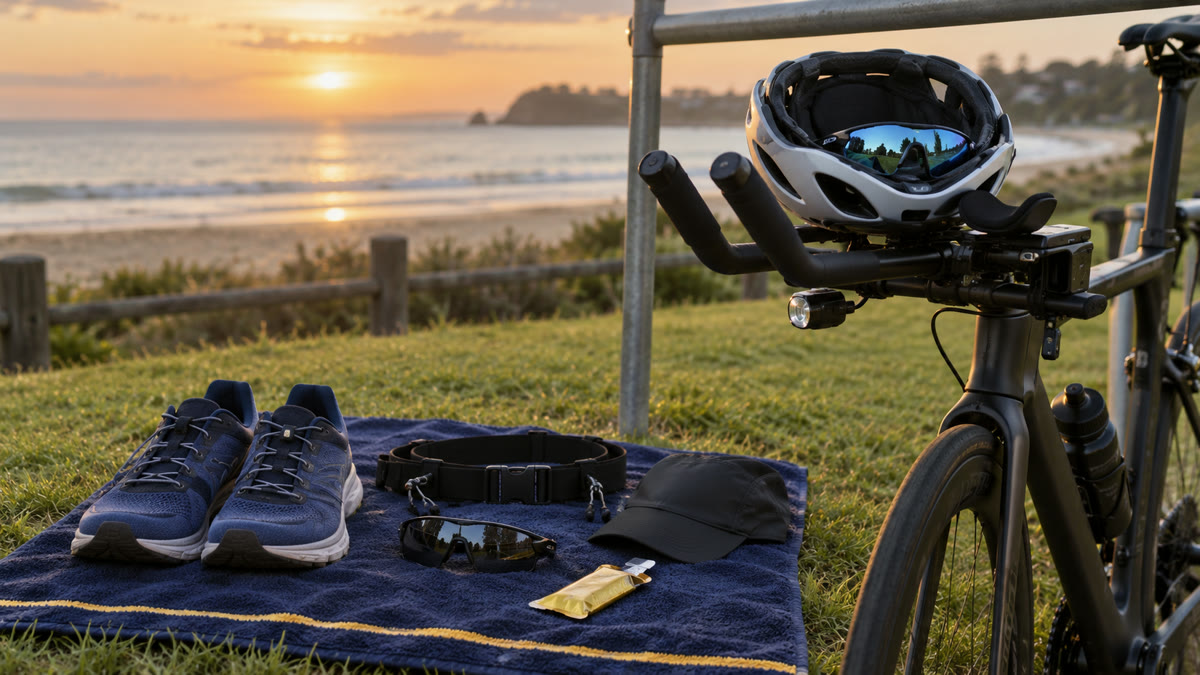 Run shoes, race belt, sunglasses, cap and a gel laid out on a navy towel next to a bike with a helmet on the bars