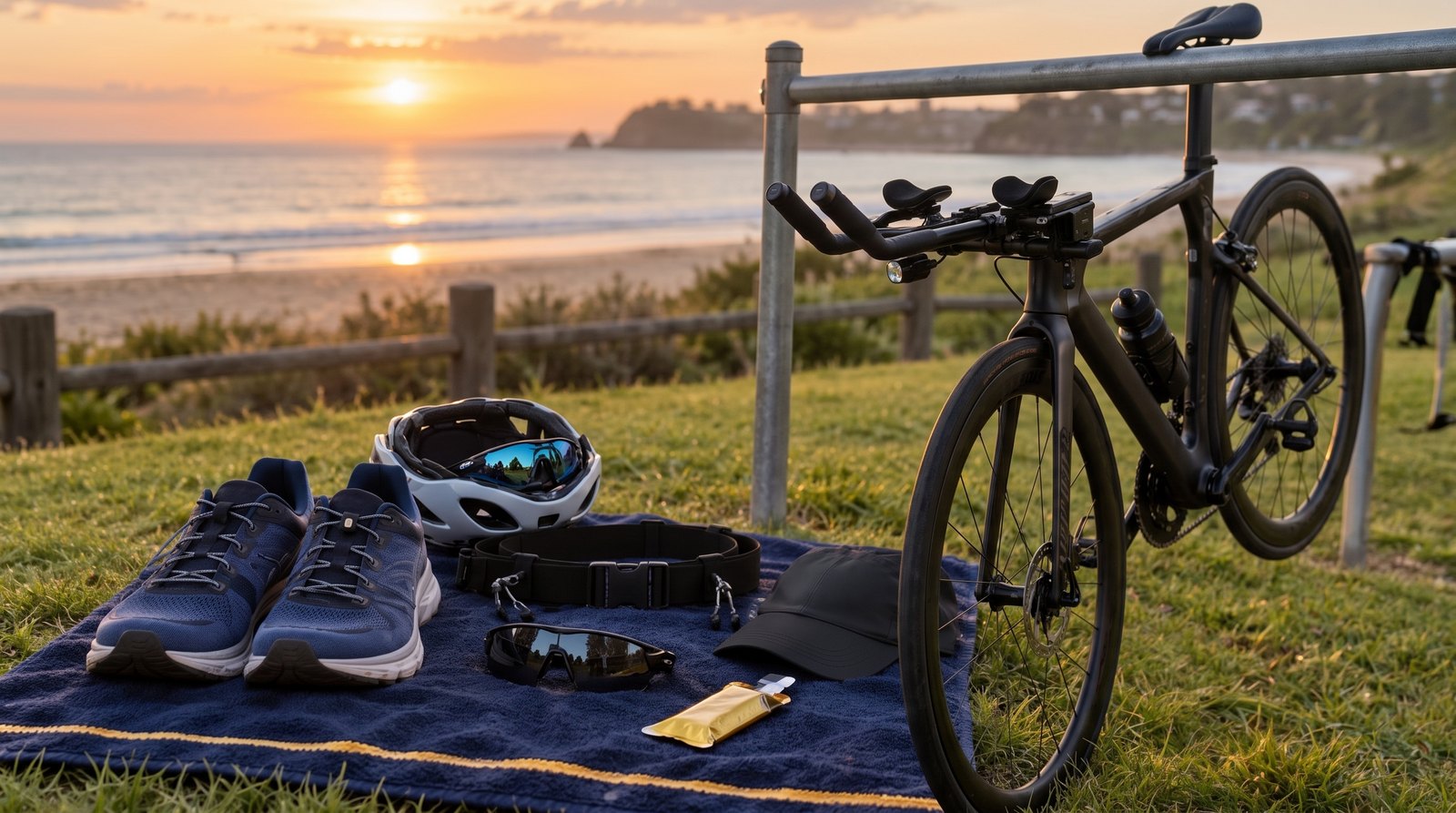 Bike racked by the saddle on a transition rail beside a navy towel with run shoes, helmet with sunglasses, race belt, cap and a gel laid out