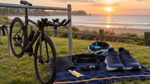 Bike racked by the saddle on a transition rail with a navy towel to its right holding run shoes, helmet with sunglasses, race belt, cap and a gel