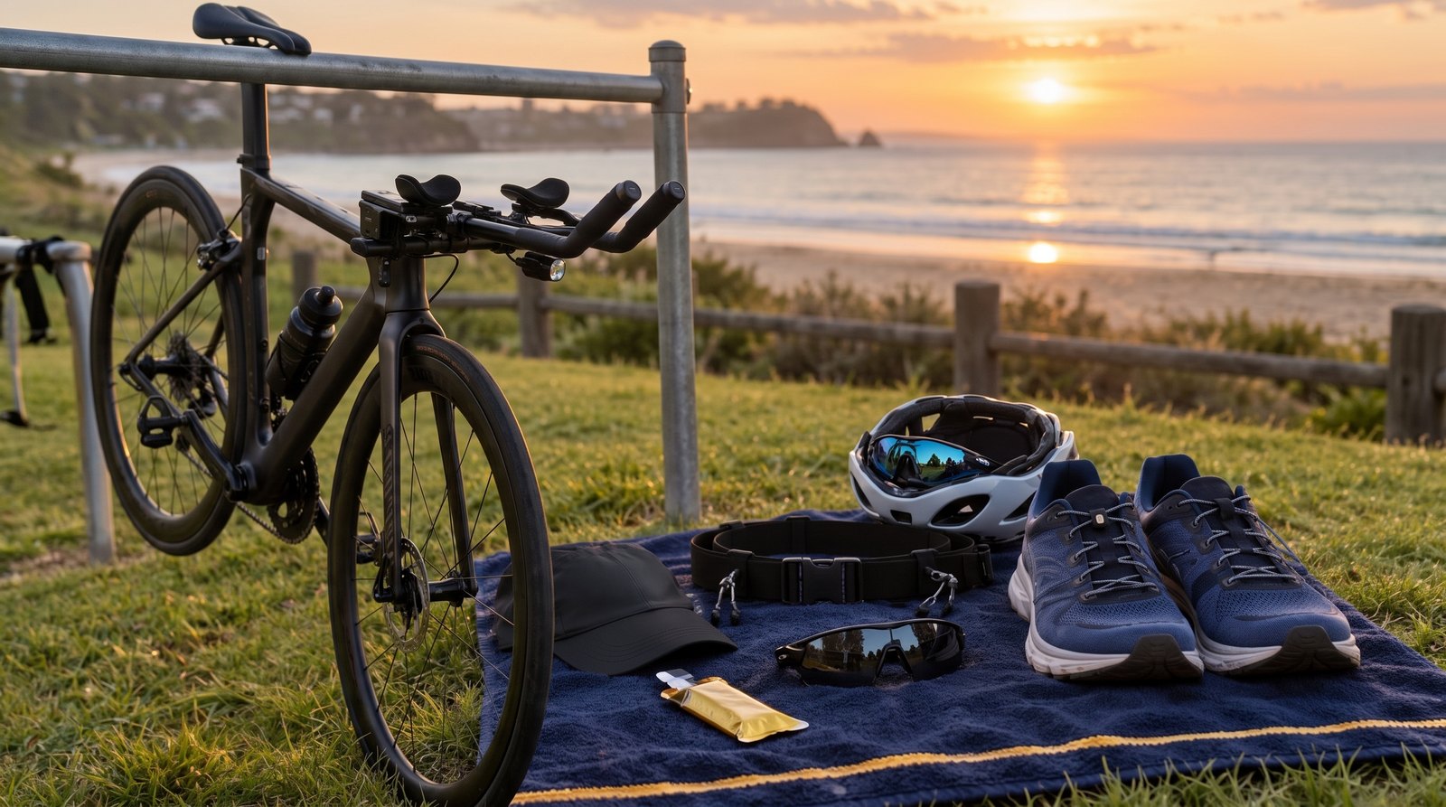 Bike racked by the saddle on a transition rail with a navy towel to its right holding run shoes, helmet with sunglasses, race belt, cap and a gel